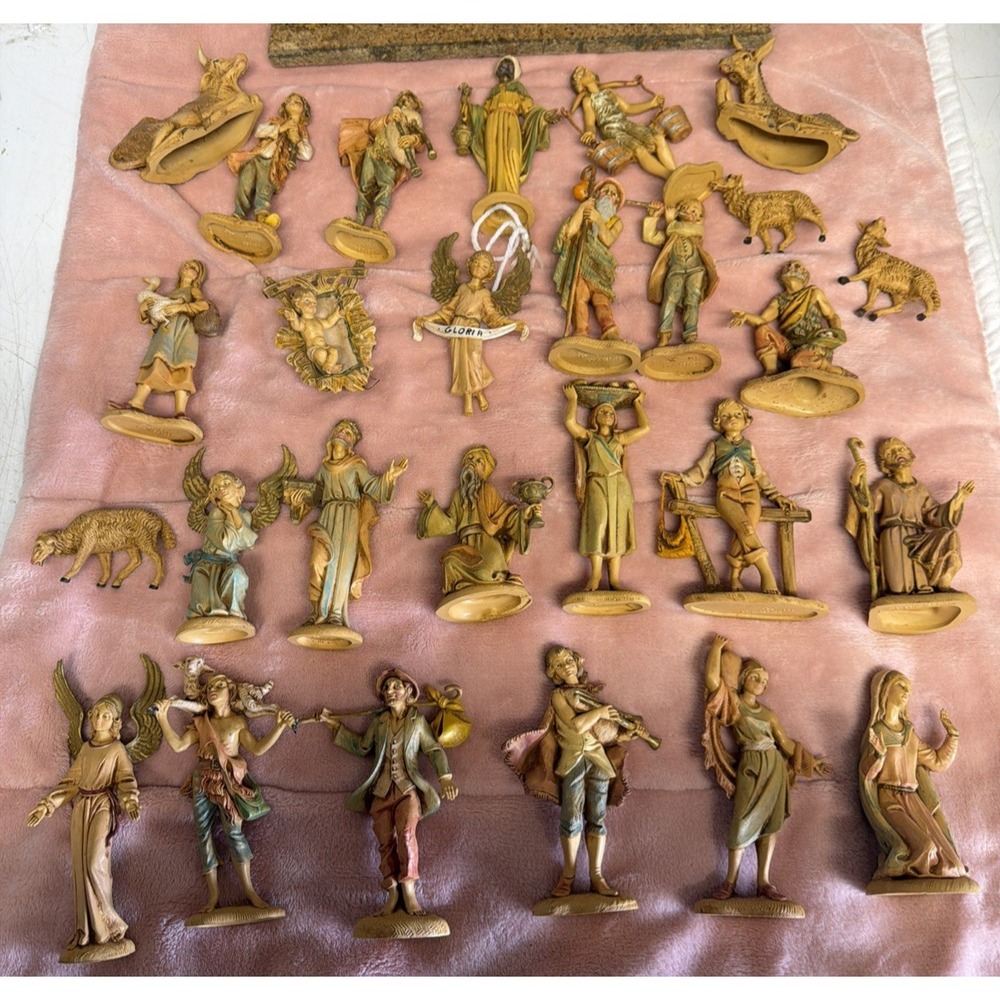 Vintage 28pc DEPOSE ITALY FONTANINI Nativity Set Large Wood Manger spider logo